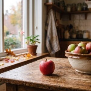 Losse rode appel op een houten keukentafel naast een schaal vol appels