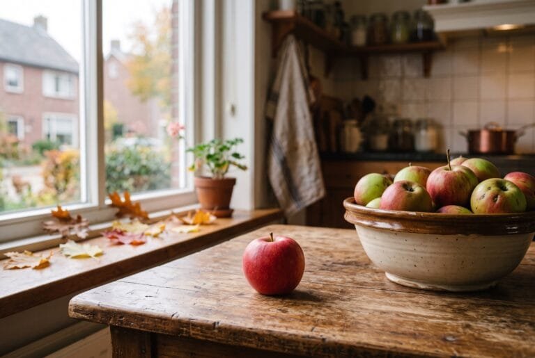 Losse rode appel op een houten keukentafel naast een schaal vol appels