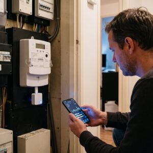 Man kijkt bij de meterkast op zijn telefoon naar zijn stroomverbruik, met een P1-lezer onder de slimme meter