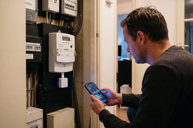 Man kijkt bij de meterkast op zijn telefoon naar zijn stroomverbruik, met een P1-lezer onder de slimme meter