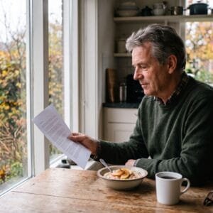 Man leest aan de keukentafel een brief met een uitslag naast een kom havermout en een mok koffie