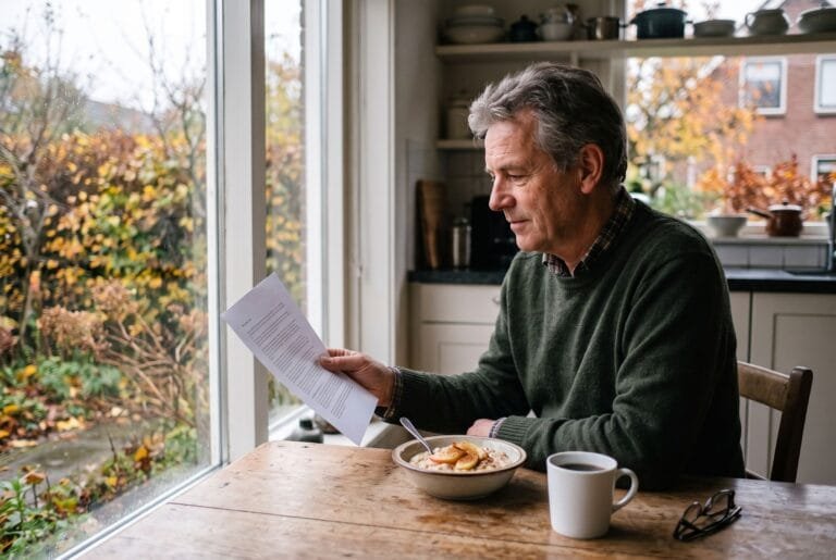 Man leest aan de keukentafel een brief met een uitslag naast een kom havermout en een mok koffie