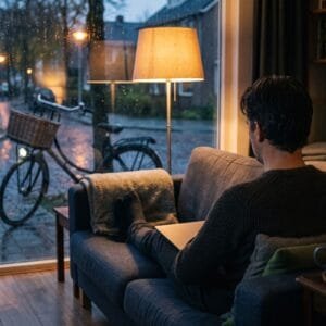 Man zit op een donkere herfstavond op de bank met een laptop op schoot naast een schemerlamp