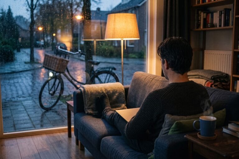 Man zit op een donkere herfstavond op de bank met een laptop op schoot naast een schemerlamp