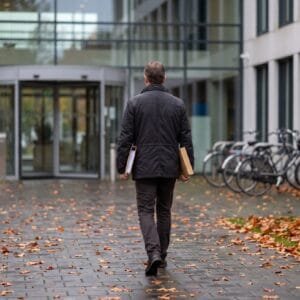 Man met een map onder zijn arm loopt op een grijze herfstochtend naar de ingang van een gemeentehuis