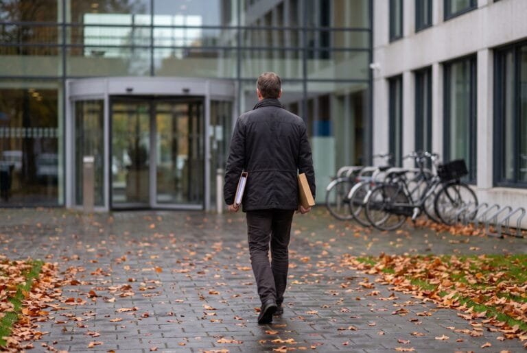 Man met een map onder zijn arm loopt op een grijze herfstochtend naar de ingang van een gemeentehuis