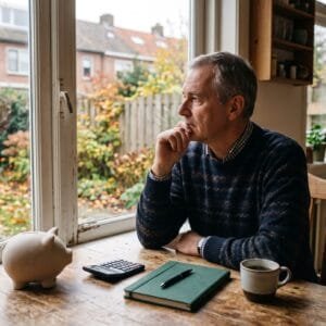 Man zit aan de keukentafel met een rekenmachine en een spaarvarken en kijkt nadenkend naar buiten