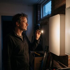 Man staat tijdens een stroomuitval met een zaklamp in de donkere berging bij de thuisbatterij