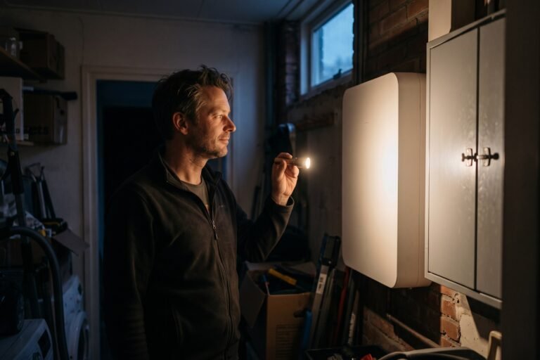 Man staat tijdens een stroomuitval met een zaklamp in de donkere berging bij de thuisbatterij