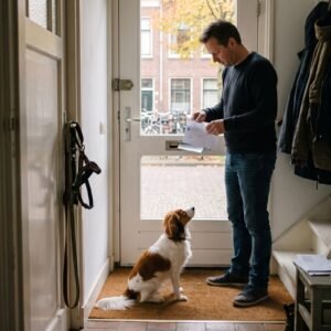 Man opent in de gang een brief van de gemeente terwijl zijn kooikerhondje op de deurmat naar hem opkijkt
