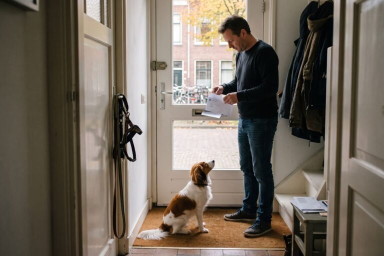 Man opent in de gang een brief van de gemeente terwijl zijn kooikerhondje op de deurmat naar hem opkijkt