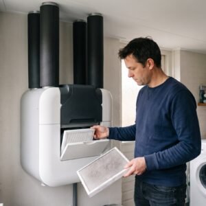Man vervangt het filter van de wtw in de bijkeuken, met de geïsoleerde kanalen naar het plafond