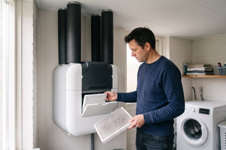 Man vervangt het filter van de wtw in de bijkeuken, met de geïsoleerde kanalen naar het plafond
