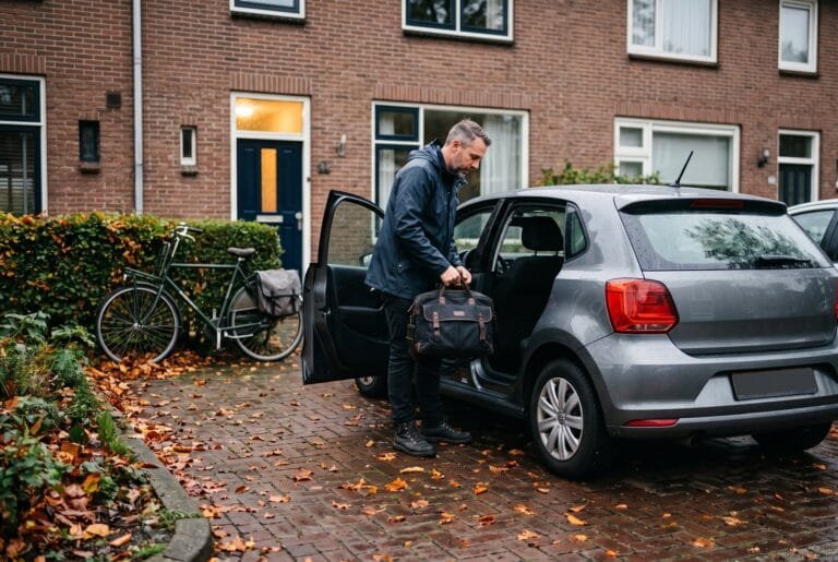 Man zet op een herfstochtend zijn werktas in een kleine auto op de oprit van een rijtjeshuis naast een fiets