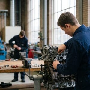 Student in blauwe overall sleutelt aan een motorblok in het praktijklokaal van een mbo-school