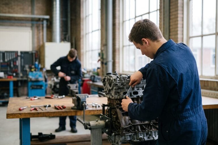 Student in blauwe overall sleutelt aan een motorblok in het praktijklokaal van een mbo-school