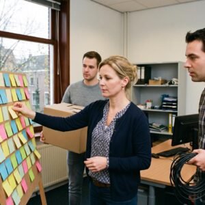 Drie medewerkers staan op kantoor bij een planbord met gekleurde briefjes en een van hen draagt een verhuisdoos