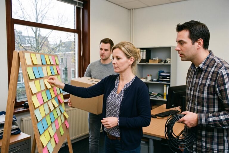 Drie medewerkers staan op kantoor bij een planbord met gekleurde briefjes en een van hen draagt een verhuisdoos