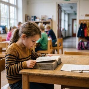 Meisje van een jaar of zeven leest in de klas een dik boek terwijl een werkblad onaangeroerd naast haar op tafel ligt