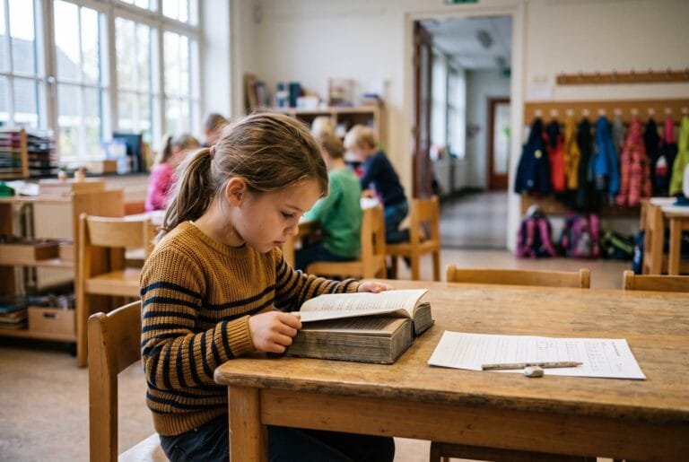 Meisje van een jaar of zeven leest in de klas een dik boek terwijl een werkblad onaangeroerd naast haar op tafel ligt