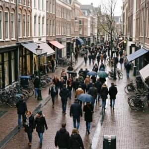 Drukke winkelstraat in de herfst van bovenaf gezien met tientallen wandelende mensen in jassen