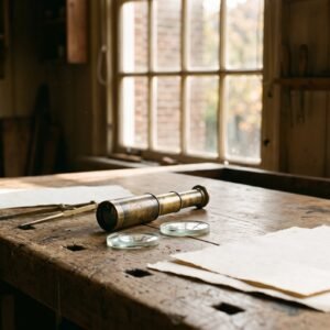 Messing kijker en twee geslepen glazen lenzen op een houten werktafel bij een raam met herfstlicht