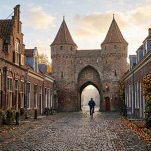 Middeleeuwse stadspoort van baksteen met twee torens aan het einde van een straat met klinkers in de herfst