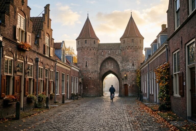 Middeleeuwse stadspoort van baksteen met twee torens aan het einde van een straat met klinkers in de herfst