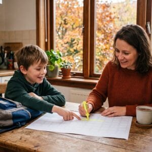Moeder en zoon met schooltas kijken aan de keukentafel naar een jaarplanner en strepen een vakantieweek aan
