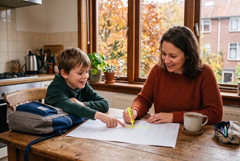 Moeder en zoon met schooltas kijken aan de keukentafel naar een jaarplanner en strepen een vakantieweek aan