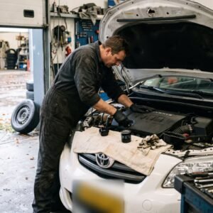 Monteur vervangt het oliefilter onder de open motorkap van een auto in een kleine garage