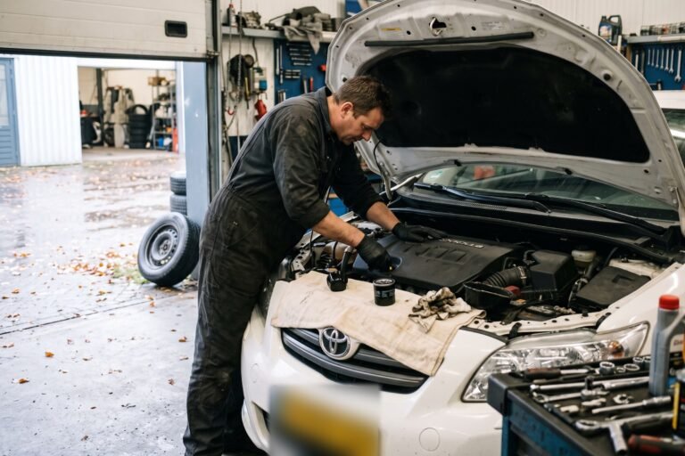 Monteur vervangt het oliefilter onder de open motorkap van een auto in een kleine garage