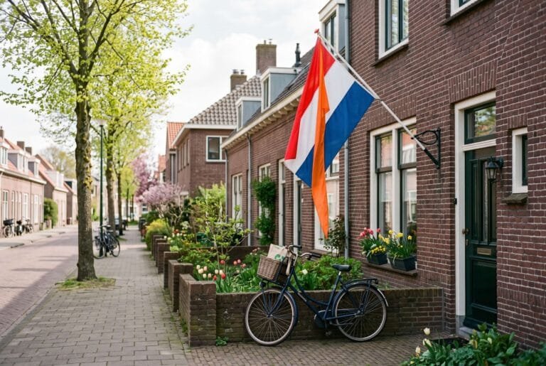 Nederlandse vlag met oranje wimpel aan de gevel van een rijtjeshuis in een rustige straat in het voorjaar