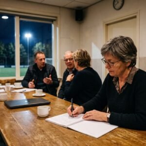 Vrouw schrijft met pen in een schrift tijdens een bestuursvergadering aan een lange tafel in een clubhuis