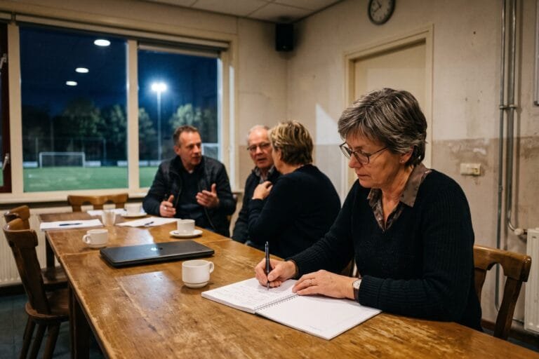 Vrouw schrijft met pen in een schrift tijdens een bestuursvergadering aan een lange tafel in een clubhuis