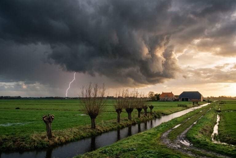 Donkere onweerswolk met een bliksemflits boven een vlak polderlandschap met een sloot en knotwilgen