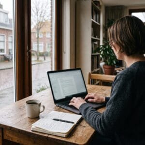 Persoon typt aan een keukentafel een opdracht op een laptop met een kop koffie en een notitieblok ernaast