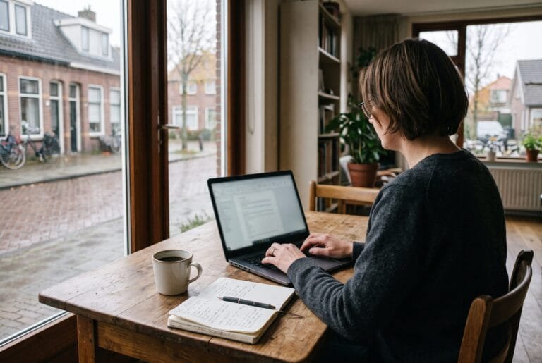 Persoon typt aan een keukentafel een opdracht op een laptop met een kop koffie en een notitieblok ernaast
