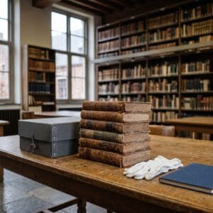 Stapel oude boeken en een archiefdoos op een houten leestafel in een rustige studiezaal met hoge ramen