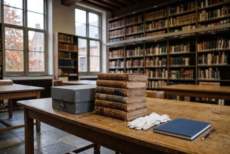 Stapel oude boeken en een archiefdoos op een houten leestafel in een rustige studiezaal met hoge ramen