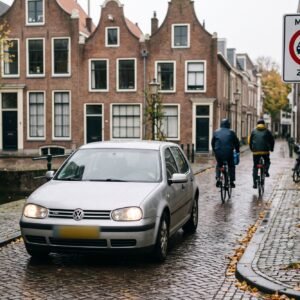 Oude dieselauto rijdt een smalle straat met grachtenpanden in, langs het bord van een milieuzone