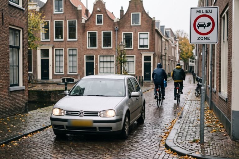 Oude dieselauto rijdt een smalle straat met grachtenpanden in, langs het bord van een milieuzone