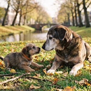 Oude hond met grijze snuit ligt naast een jonge pup op een grasveld met herfstbladeren