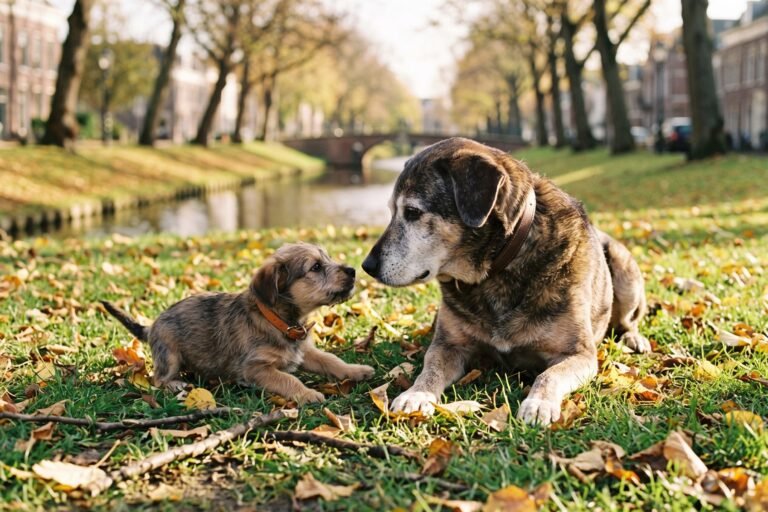 Oude hond met grijze snuit ligt naast een jonge pup op een grasveld met herfstbladeren