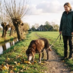 Oude bruine labrador met grijze snuit snuffelt aan herfstbladeren op een polderpad, de eigenaar wacht met losse riem