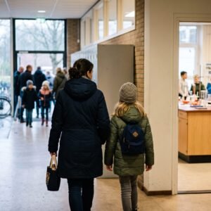 Ouder en kind lopen, van achteren gezien, door de gang van een middelbare school langs een practicumlokaal