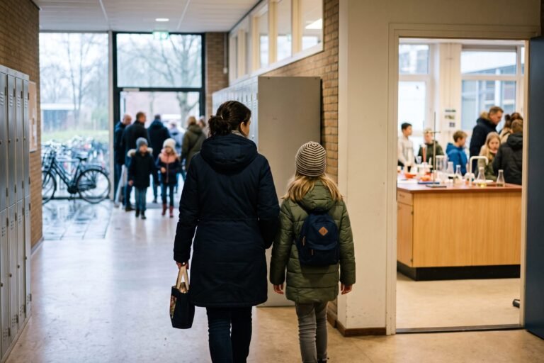 Ouder en kind lopen, van achteren gezien, door de gang van een middelbare school langs een practicumlokaal