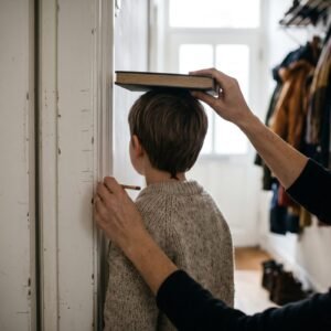 Ouder houdt een boek op het hoofd van een kind tegen een witte deurpost en zet er een potloodstreepje bij
