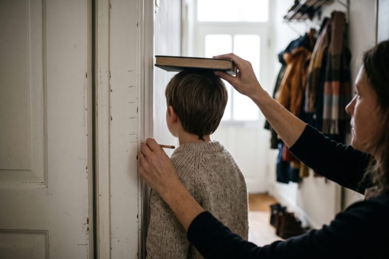 Ouder houdt een boek op het hoofd van een kind tegen een witte deurpost en zet er een potloodstreepje bij