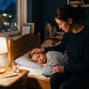Ouder legt een hand op het voorhoofd van een ziek kind in bed bij het licht van een nachtlampje